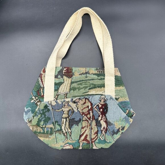 Vintage Tapestry Golf Bucket Bag Handbag Set Green Lady Golfer 1990s Dee Dee - Picture 10 of 16